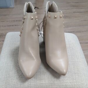 Cream Stiletto Ankle Boots with Gold Studs